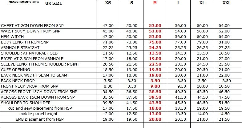 Uzayo Size Specification